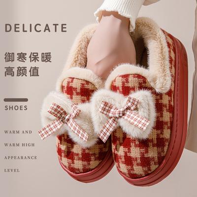 Cotton Slippers New Autumn and Winter Cotton Shoes Velvet Warm Soft-soled Confinement Shoes Japanese Bow Cotton Shoes