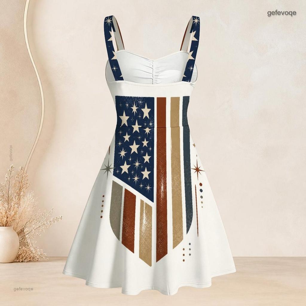 Women Plus Size Off Shoulder Sleeveless Strappy Star Stripe Printed Flared Dress