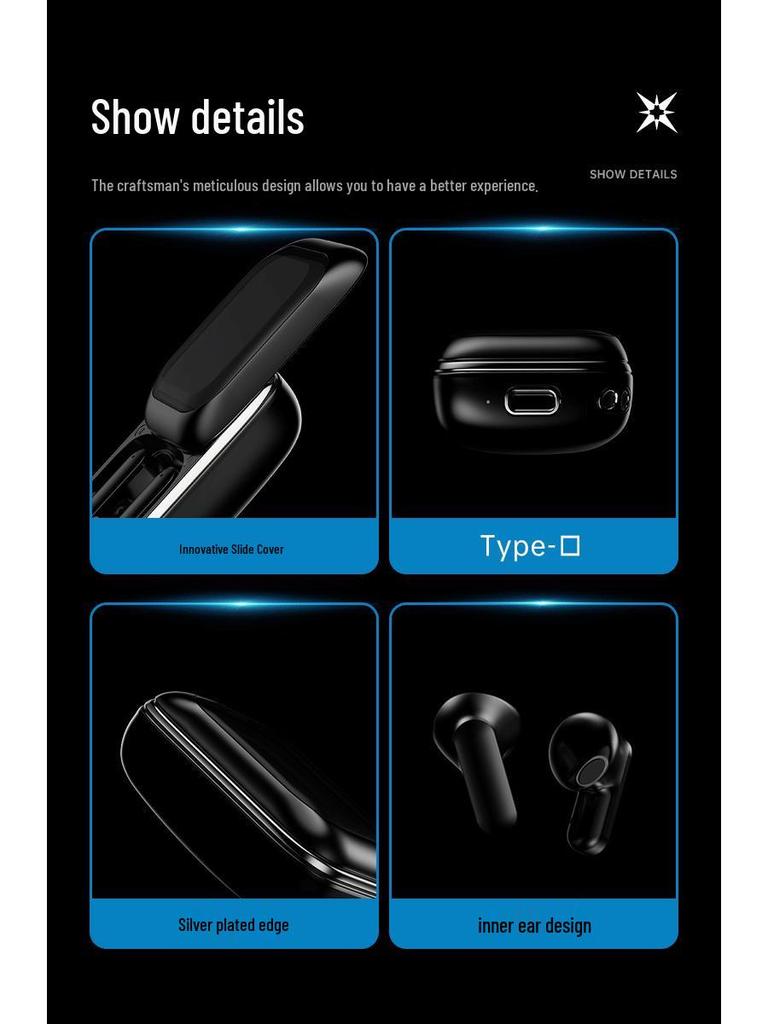 New Bluetooth Earphones with Slide Cover, HD Display, Touch Control, Noise Reduction, & Long Battery Life