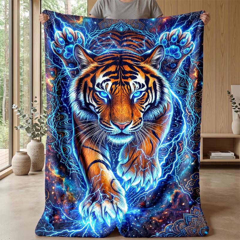 Energetic Blue Tiger Artwork Theme Blanket Lightweight Warm Flannel Blanket Decorative Throw Blanket for Home Decoration