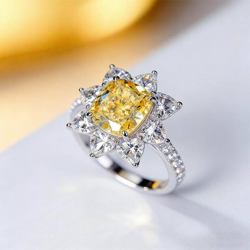 Simple and exquisite floral yellow diamond zircon ring with versatile temperament, high-end feeling, floral full diamond ring