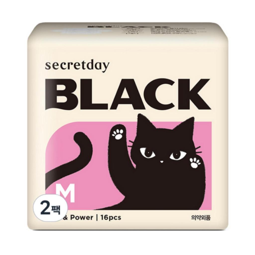 Secret Day Black Winged Sanitary Pads, Medium Size, 16 Pads per Pack × 2 Packs