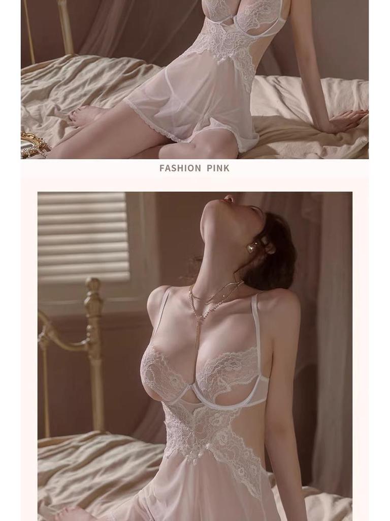 Sensual Mesh Lace Sling Nightdress with Gathered Front and Removable Padding