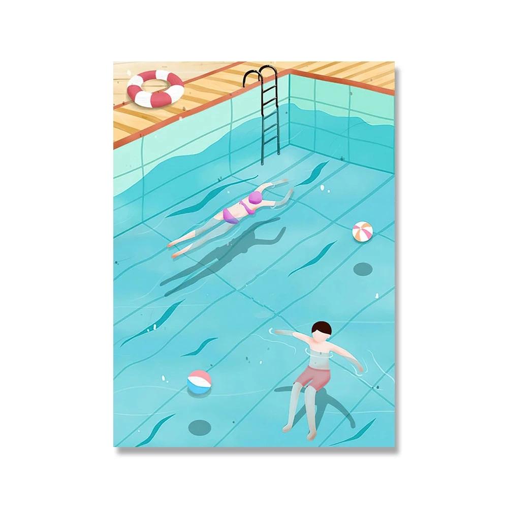 

Скандинавский синий плавательный бассейн, вечерние, художественный плакат с принтом, женский отдых, отдых, дайвинг, холст, картина, фреска, ванная комната, домашний декор 50x70cm No Framed