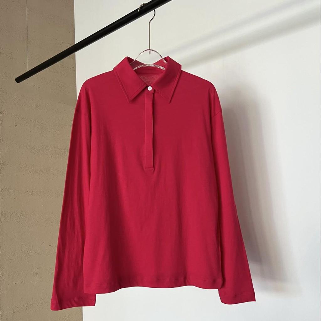 Women's Red Long Sleeve Polo Collar Casual T-Shirt by Nanyou