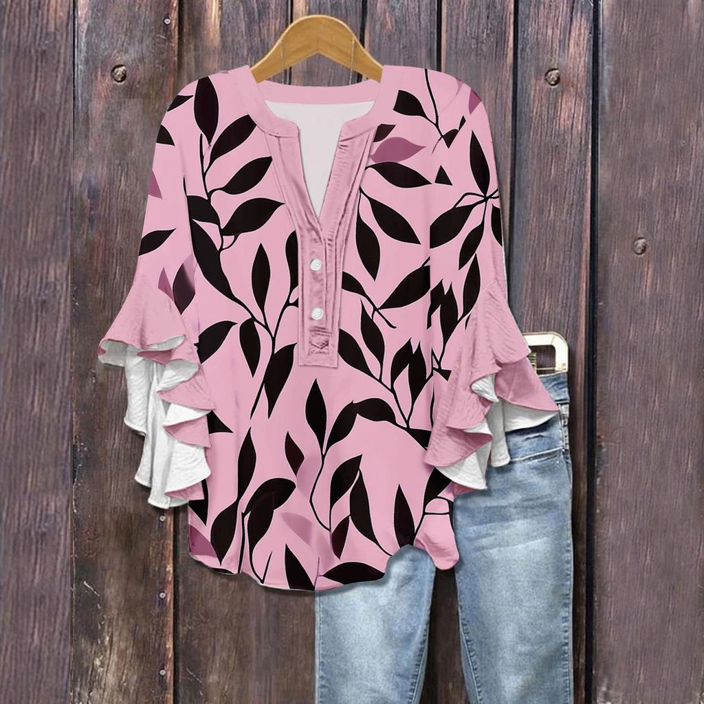 Women's Summer Tops V Neck Three-quarter Sleeves Floral Print Flowing Ruffle Sleeves Half-button Shirt
