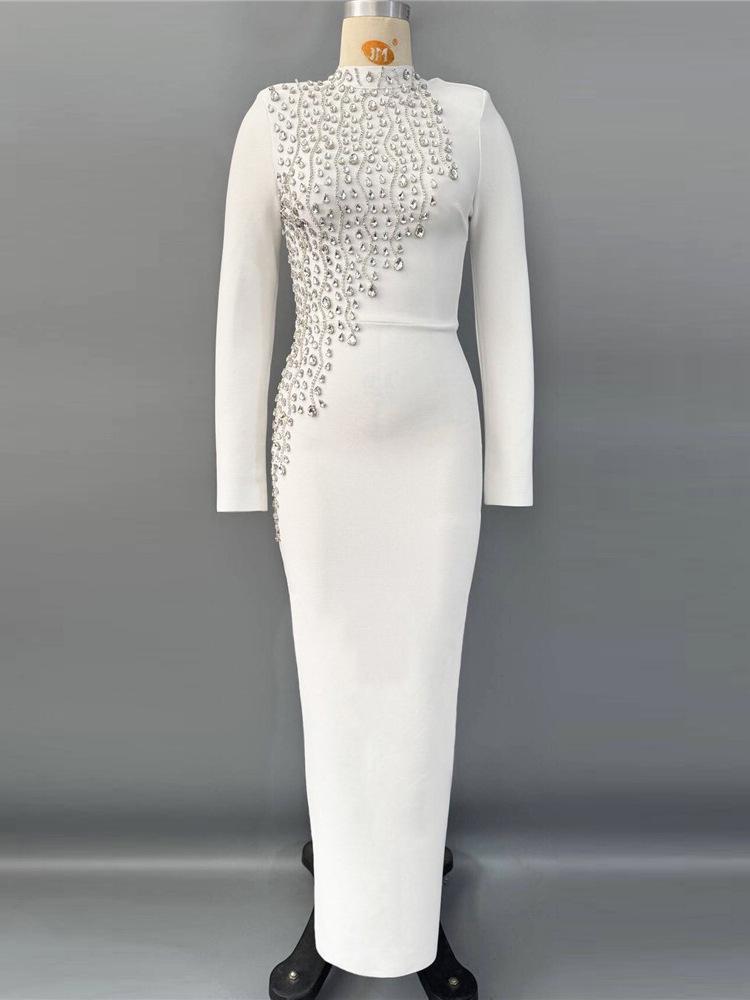 Elegant European & American Rhinestone Beaded Long-Sleeve Slim Fit Party Dress