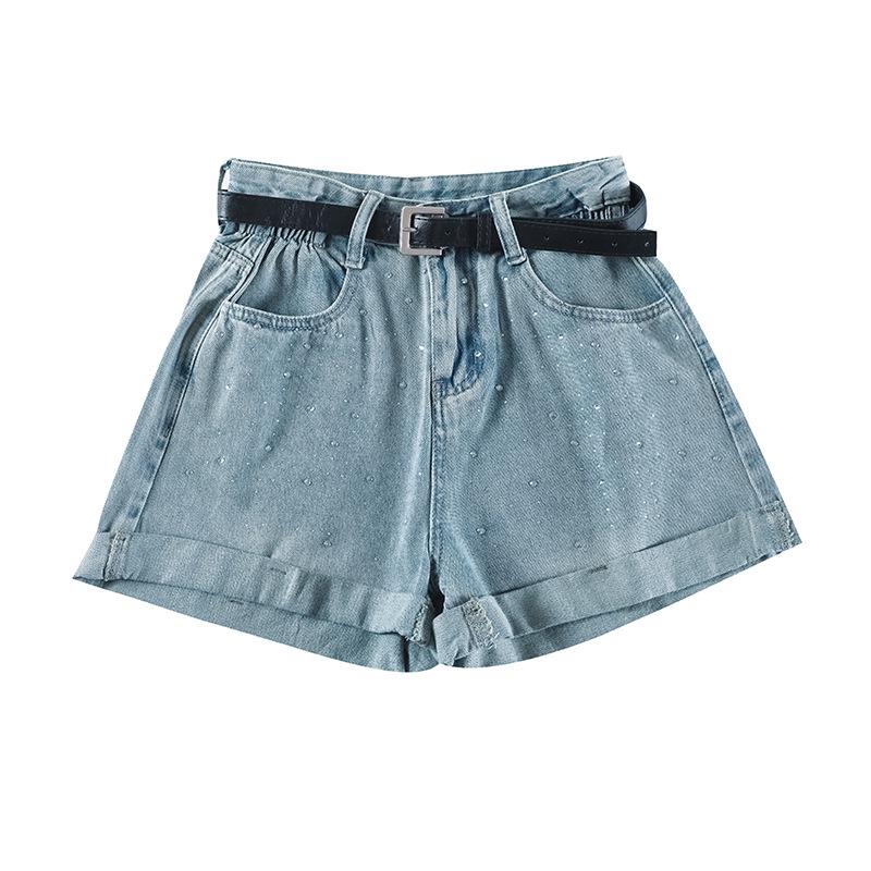 Women's Summer Slimming Rhinestone Denim Hot Pants - Loose Wide-Leg Petite Style