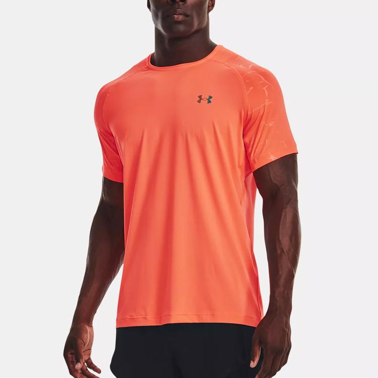 Under Armour Rush Series Solid Color Embossed Print Training Round Neck Dopamine Short Sleeve T-Shirt Men Tops Orange 1376790-877