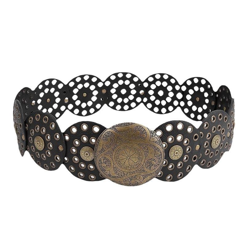 Medieval Spice Girl Millennium Subculture Disc Hook Faux Leather Retro Rivet Splicing Alloy Belt Wide Belt
