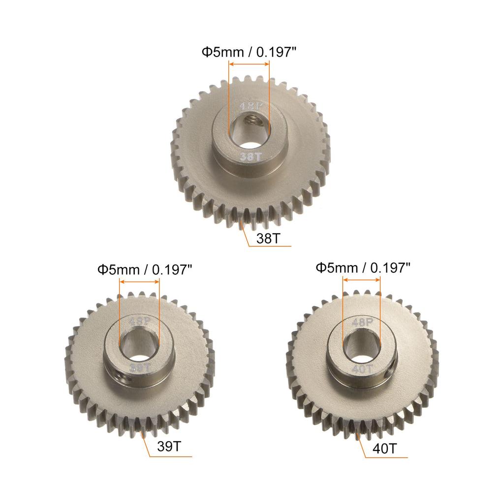 Uxcell 48P 7075 Aluminum Pinion Motor Gear Set, 38T, 39T, 40T, for 5mm RC Motor Shaft, 48-Pitch Gear for RC Cars, Includes Hex Wrench, 3 Pieces