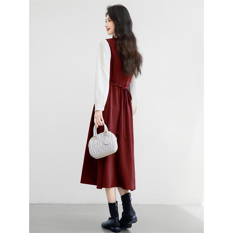 Elegant Burgundy Faux Two-Piece Midi Dress