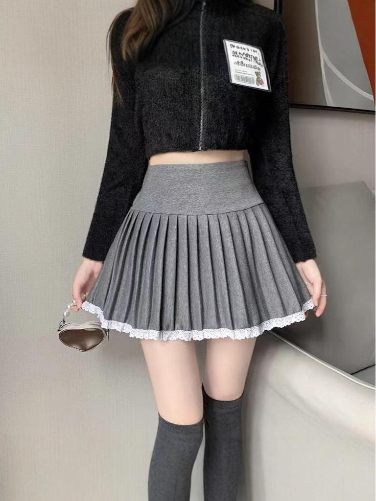 Szara Wełniana Plisowana Spódnica Midi, Wysoki Stan Wyszczuplająca Francuska Linia A dla Kobiet - Wiosna, Jesień, Zima