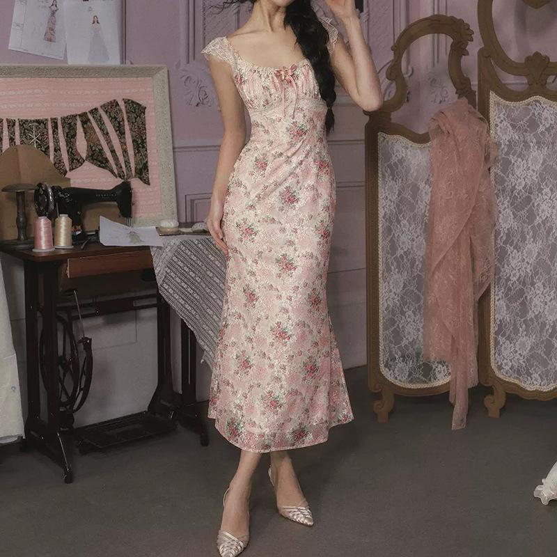 LaceMa Rose Retro French Romantic Fishtail Skirt Dress Extra Large цветочный/красный