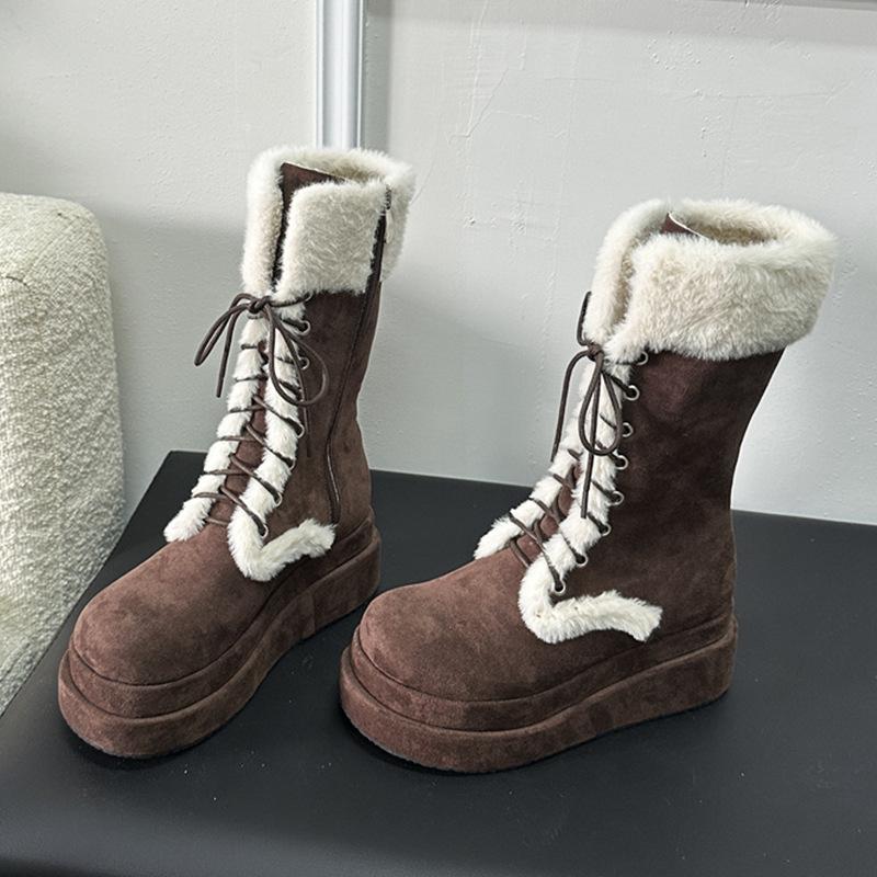 Wonderful fluffy snow boots women's autumn and winter new coffee thick-soled plush warm medium tube knight Martin boots