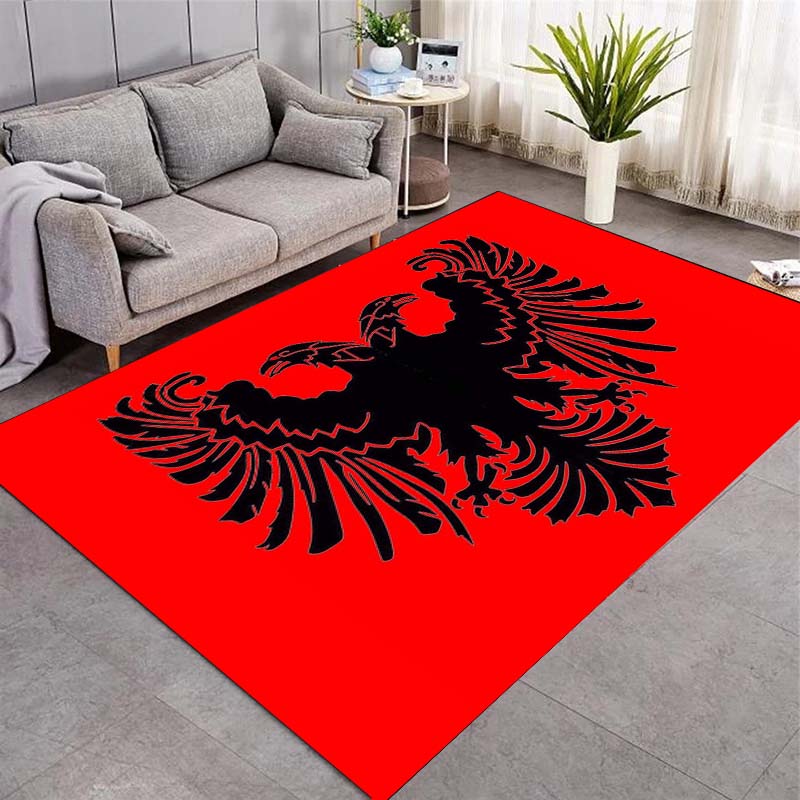 Red Background Black Double Headed Eagle Print Area Rug, Non Slip Soft Floor Mat Medieval Heraldic Home Decor Carpet