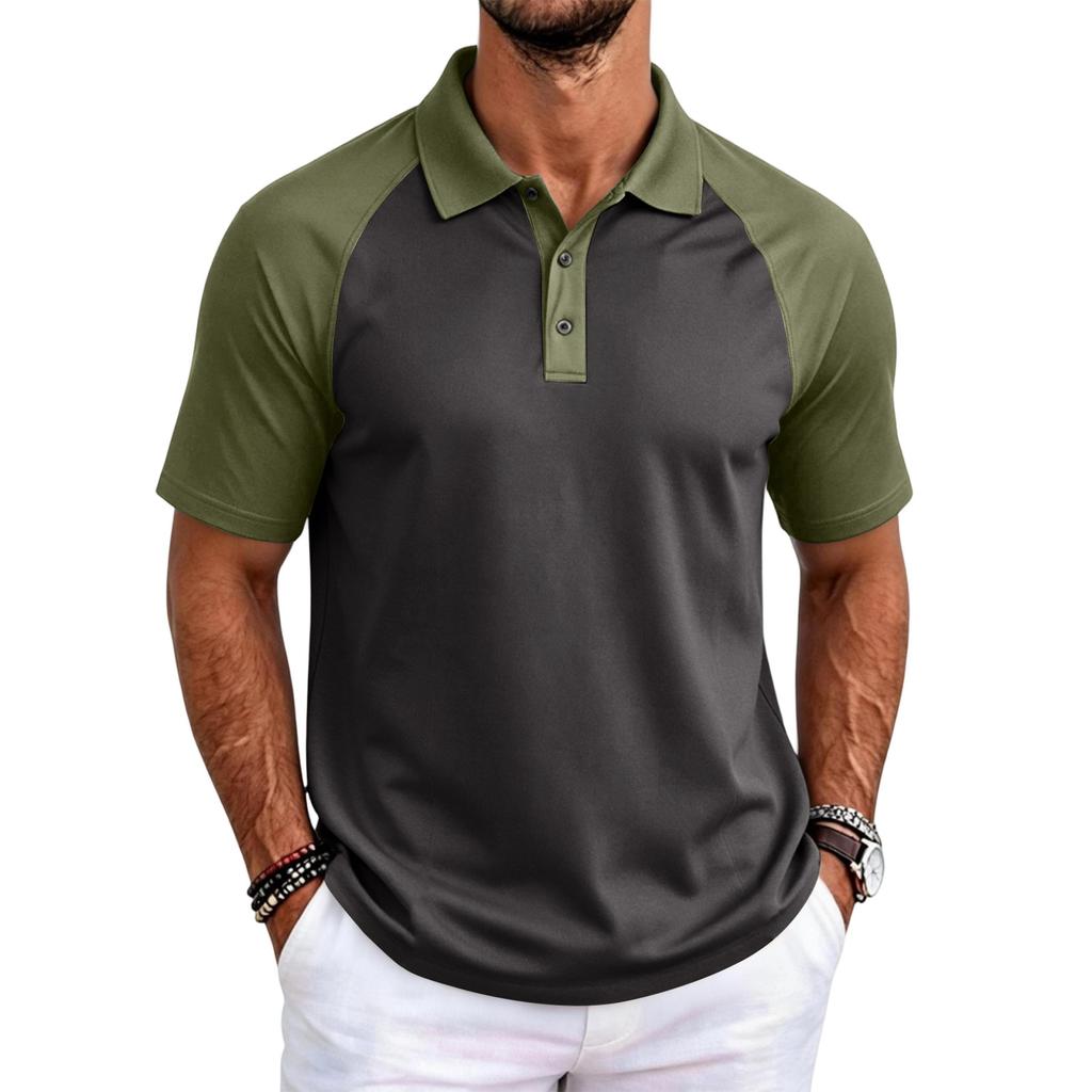 Men's Color Block Raglan Short Sleeve Shirt with Collar for Casual Daily Wear