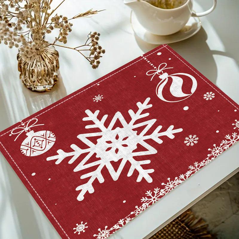 Christmas Linen Placemat Table Coffee Mat Red Nose Reindeer Snowflake Merry Xmas HO! Holly Leaf Ball Plaid Decorative Coasters