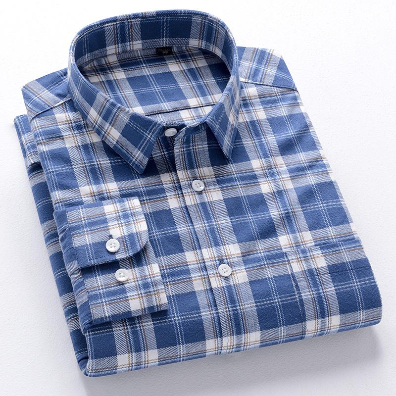 New 100% Pure Cotton Flannel Men's Plaid Shirts Male Business Casual High Quality Long sleeve Shirt for Men Pocket Shirt 4XL 5XL