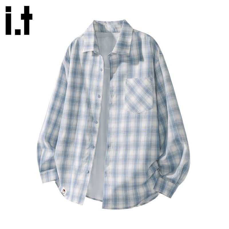 Men s Summer Plaid Long-Sleeve Shirt 3XL