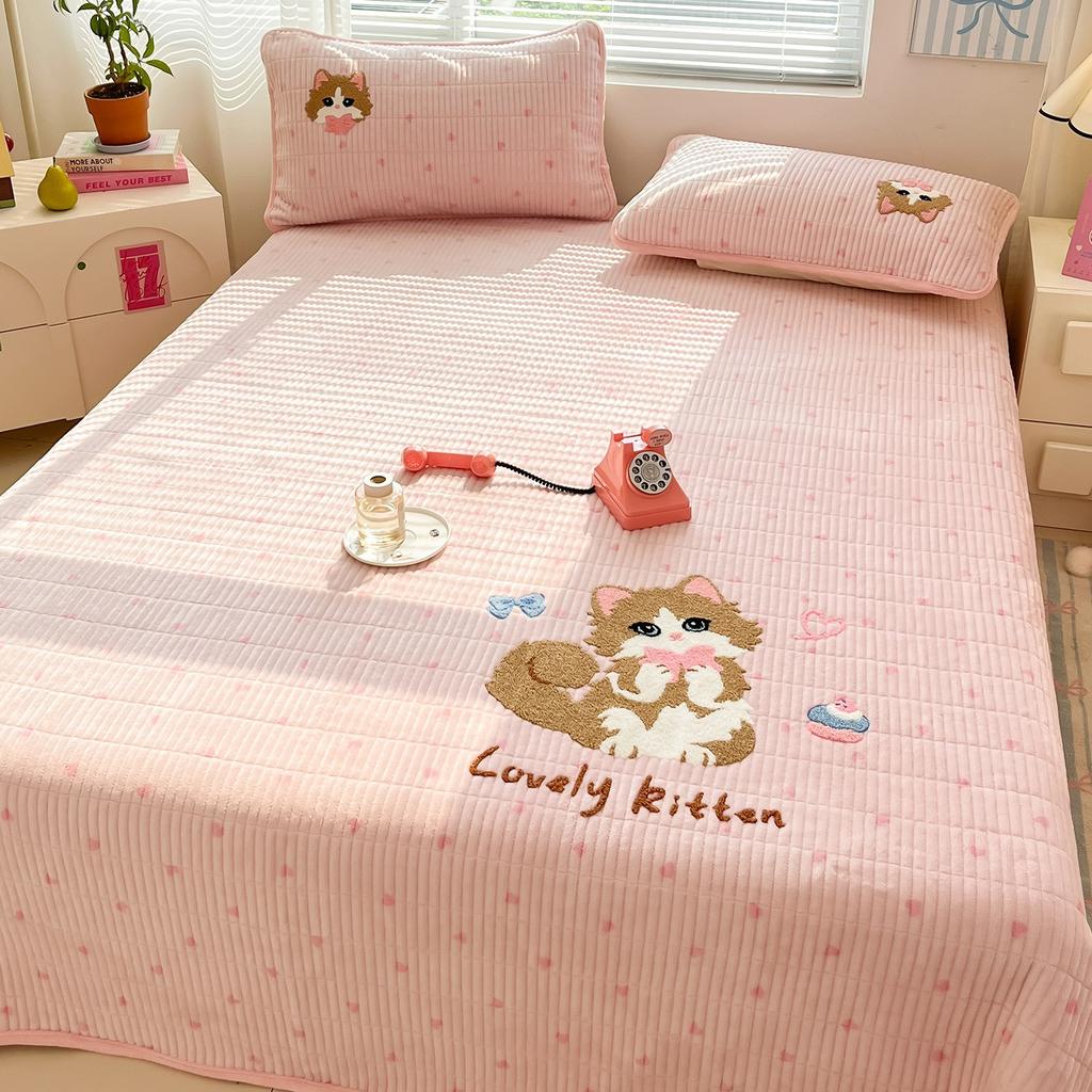 Thickened Milk Fleece Bed Four-Piece Bed Cover Cartoon Towel Embroidered Bed Sheet Quilt Cover Plush Bedding