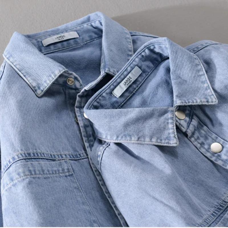 Męska koszula dżinsowa w stylu retro, niebieska, wiosenna, streetwearowa, z długim rękawem, dżinsowe topy, bawełniana, z kieszeniami, zapinana na guziki, odzież męska, młodzieżowe popularne topy casualowe