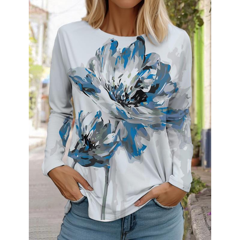 T-shirt manches longues ras du cou femme, design tendance, impression florale 3D, style fin, coupe régulière, printemps/automne