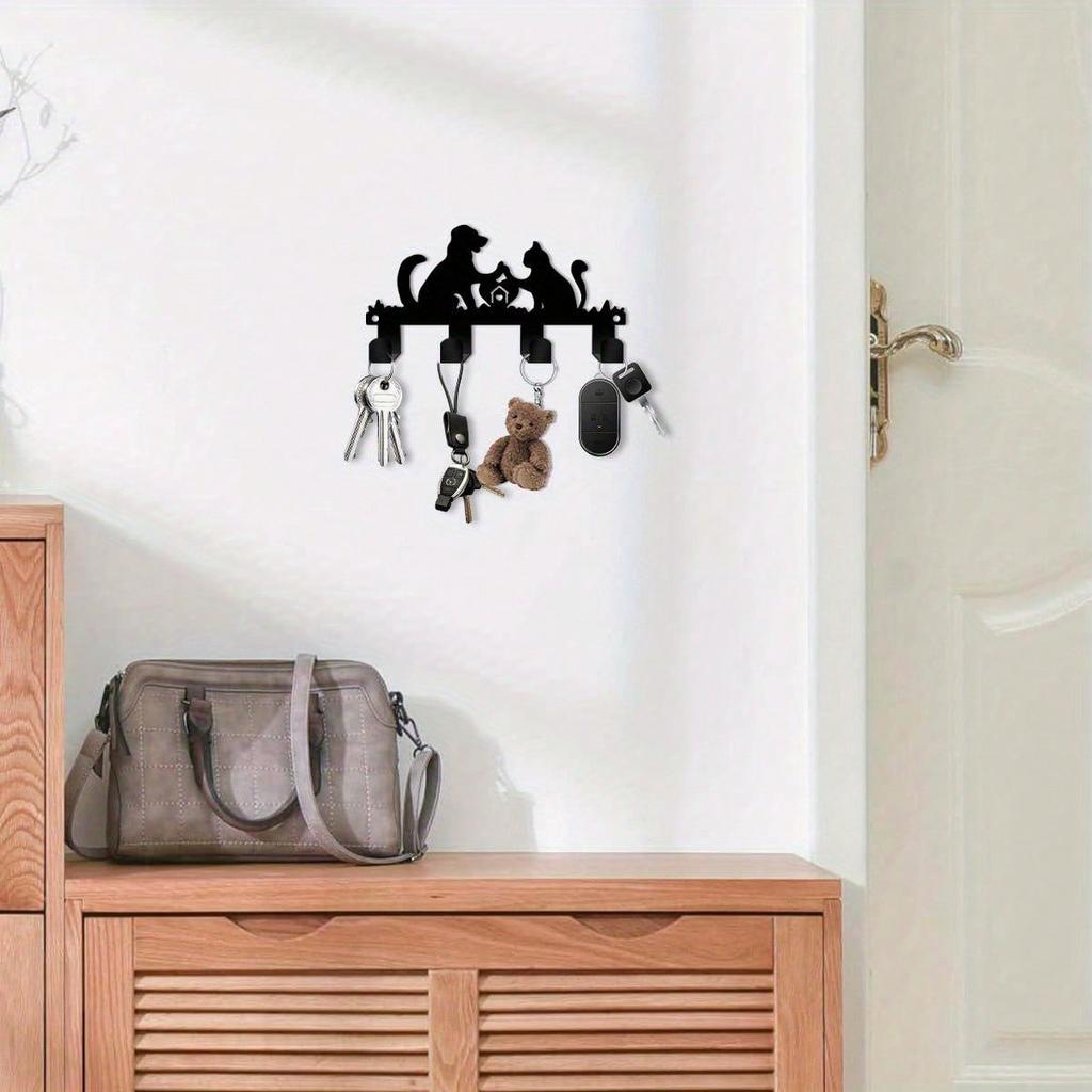 Pet Silhouette Key Holder Metal Wall Art Black Frame Boho Farmhouse Decor Gift for Pet Lovers