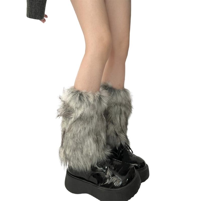 Women Harajuku Fuzzy Plush Leg Warmers Japanese JK Winter Warm Thickened Furry Boots Cover Vintage Leg Sleeve Long Socks