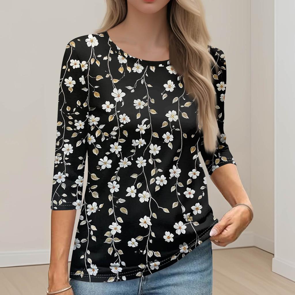 Women's Fashion Casual Round Neck 3/4 Sleeve Loose Printed T-Shirt Ladies Top