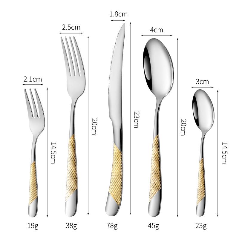 Star Diamond Stainless Steel Gold-Plated Flatware Set: Luxury Knife, Fork, and Spoon for Upscale Dining.
