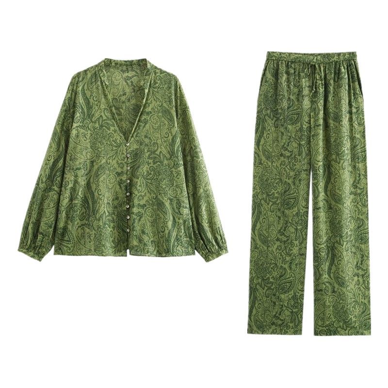 Fashion Style 2024 New Fall Women's Clothing Easiest for Match Metal Color Line Print Shirt High Waist Pants 8496708