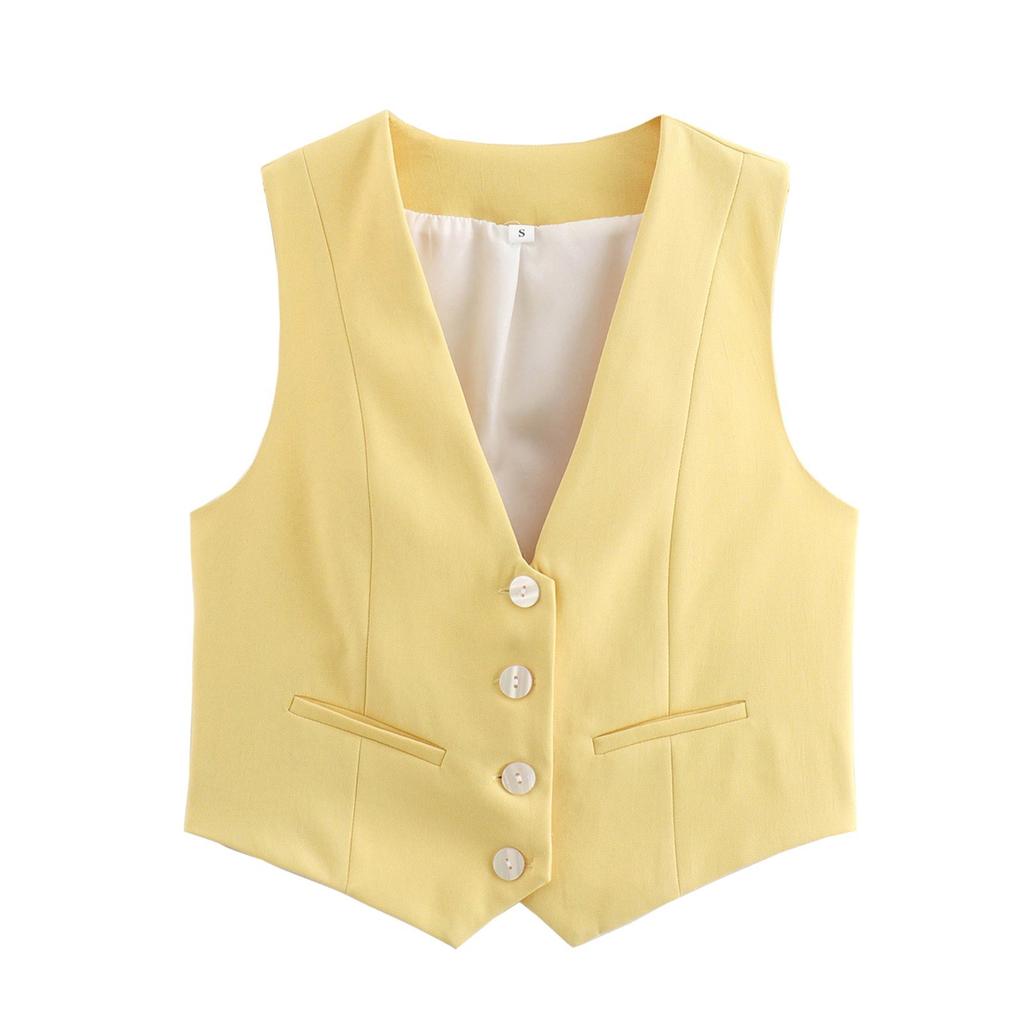 Dames Retro Ensfarget Godterifarge V-hals Kort Dressvest