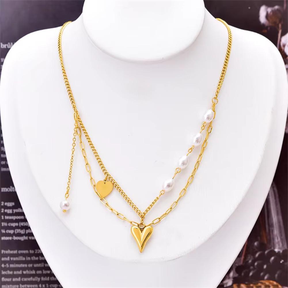Titanium Steel Women Choker Multi-layered Punk Neck Chain Fashion Pearl Heart Necklace  Summer
