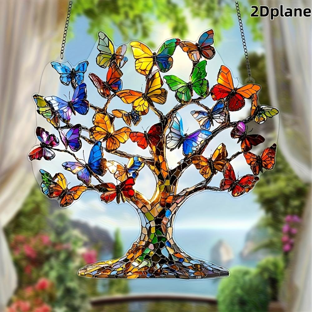 Colgante plano acrílico 2D de mariposa árbol de la vida, decoración colgante para ventana, adornos para coche, decoración para oficina, cocina, jardín, porche, dormitorio, patio