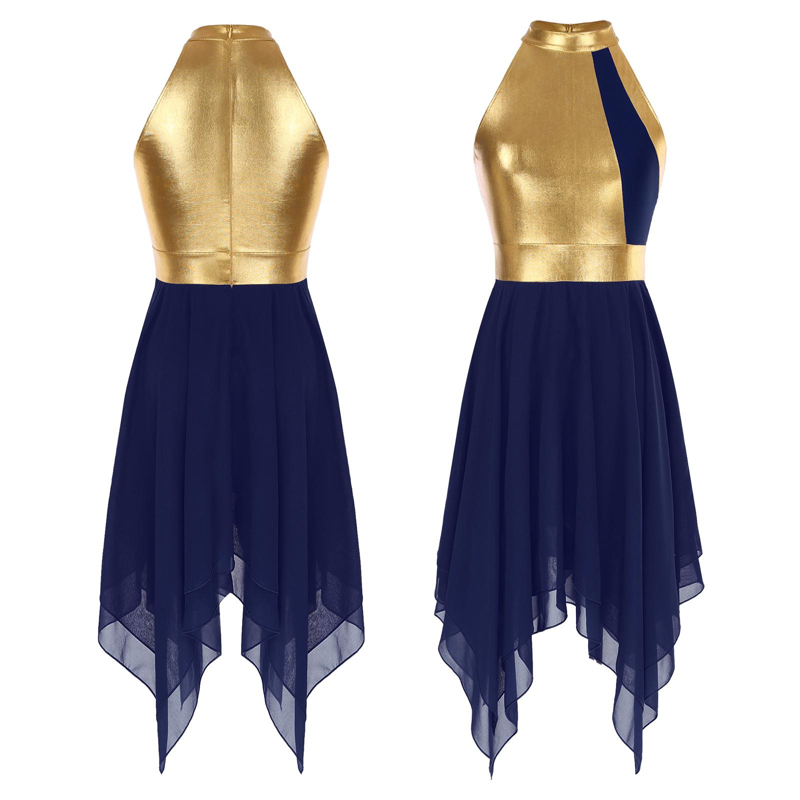 

Женский костюм для лирического танца, современная одежда для танцев, асимметричные миди-платья с оборками с высоким и низким подолом XL темно-синий