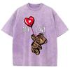 Bear Heart Print Women's T-Shirt Washed Denim Loose Plus Size Short Sleeve New Casual Trend Funny Top