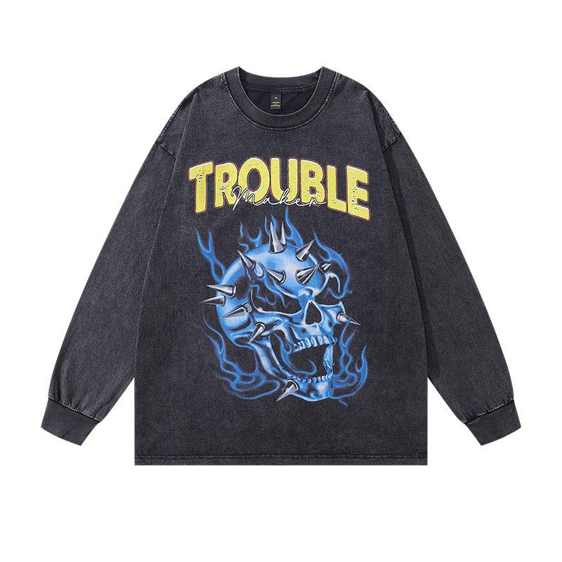 Skull Print Long-Sleeved T-Shirt High Street Trendy Brand Retro Washed Loose Cotton Vintage Top T-Shirt Men