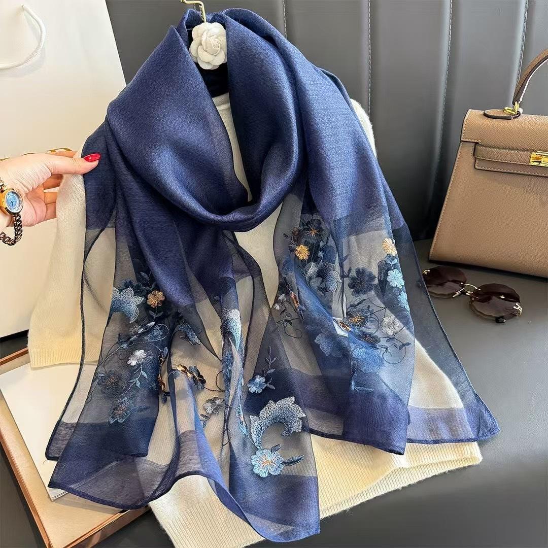 

Simple And Fashionable Embroidered Scarf Women S Imitation Silk Long Scarf Sunscreen Yarn Light Luxury Versatile Thin Cross-Border Scarf 188*70CM