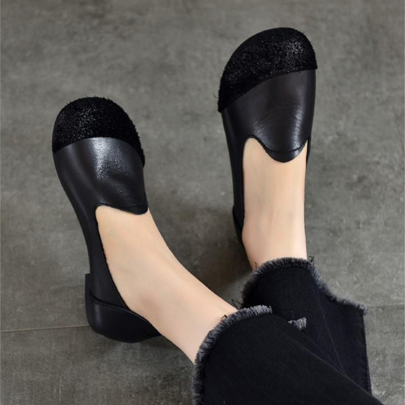 Johnature Versatile Retro Women's Slip-on Shoes Genuine Leather Round Toe Shallow Soft Soled Flat Shoes