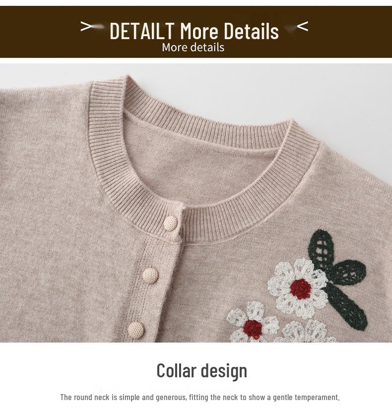 2026 Spring Embroidered Knit Sweater for Middle-aged & Elderly Women - Soft, Loose Button-up Top