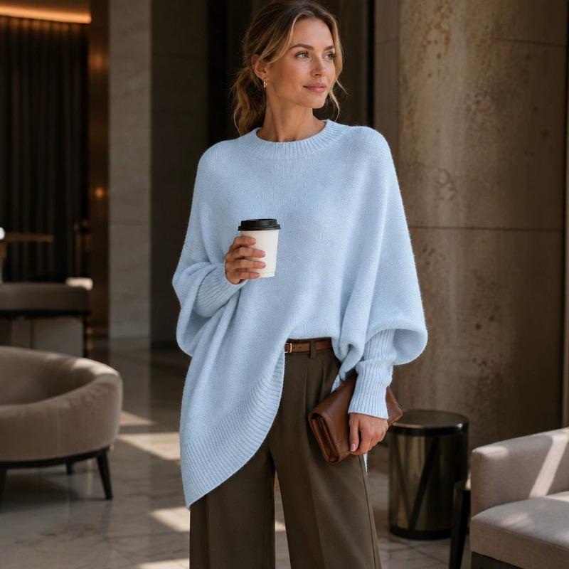 Autumn and winter crew neck pullover knitted sweater women's loose lazy style solid color women's sweater