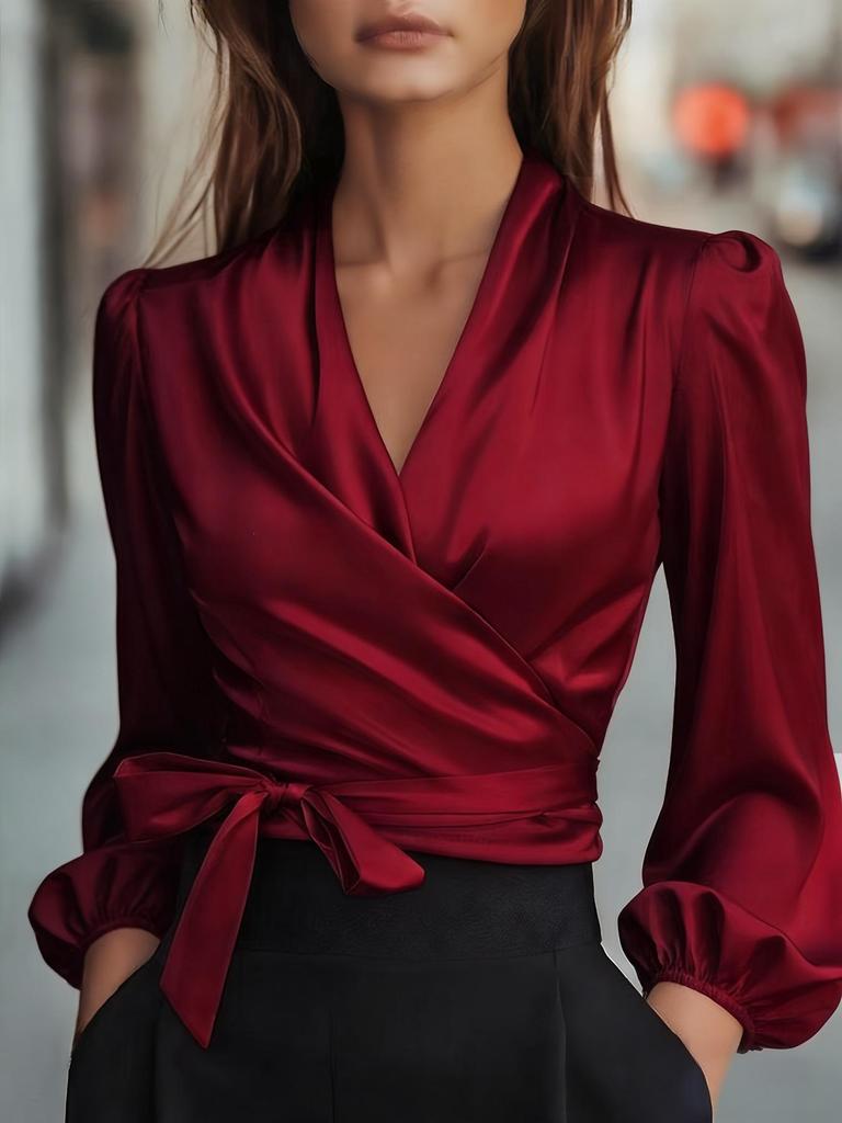 2026 Summer V-neck Satin Tie-up Waist Women's Elegant Solid Top - Cross-border Europe Fashion