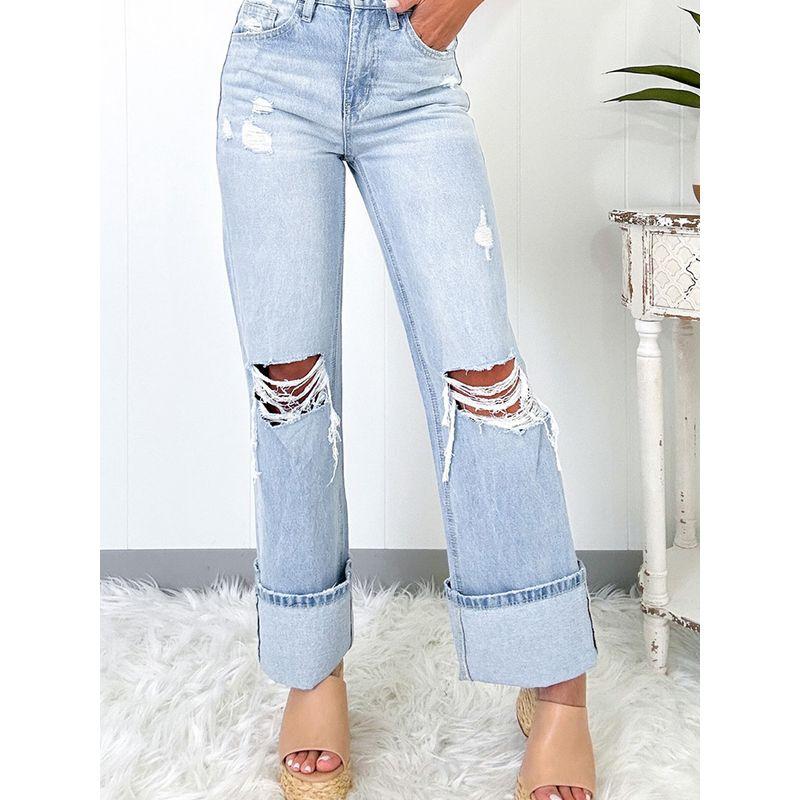 2025 Summer New All-Match Ripped High Waist Jeans Women European and American Fashion Slim Fit Slimming Straight Trousers Women