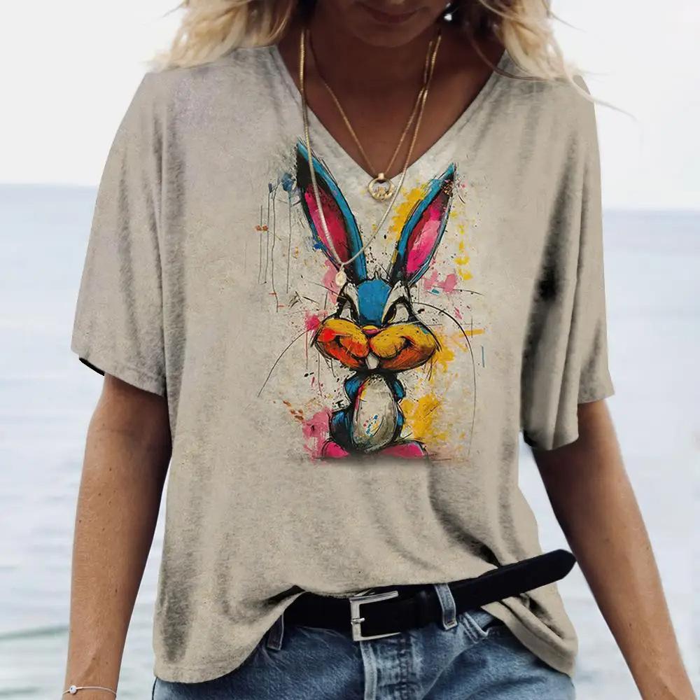 Ladies' V-neck T-shirt 3D Printed Animated Bunny Trendy Printed Short Sleeved T-shirt