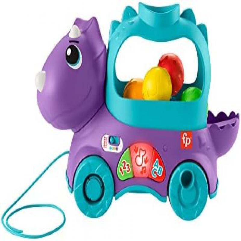 Zabawka dinozaur na sznurku Fisher-Price Bällespaß, wersja francuska, Interaktywny chodzik edukacyjny ze światłami i muzyką dla niemowląt w wieku 1-3 lat