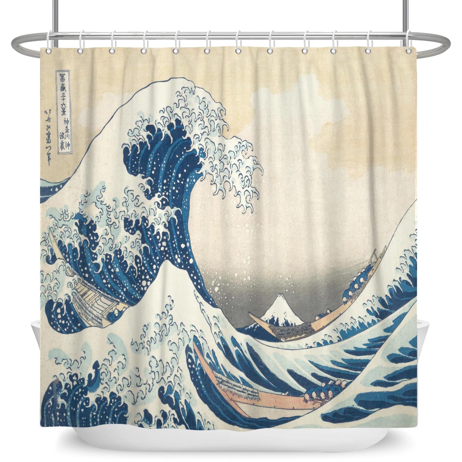

Japanese Ocean Waves Shower Curtain Mount Fuji Cherry Blossoms Floral Waterproof Bathroom Curtains Bathtub Screens Home Decor W60H190(CM)-1 Pcs
