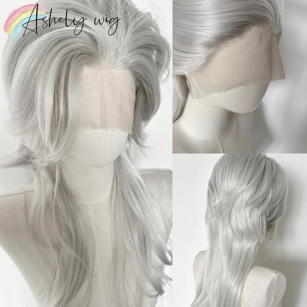 Sliver Wig for Men 14inch Straight Lace Front Wig White Wolf Tail Short Hair High Temperature Fibers Glueless Wigs for Cosplay