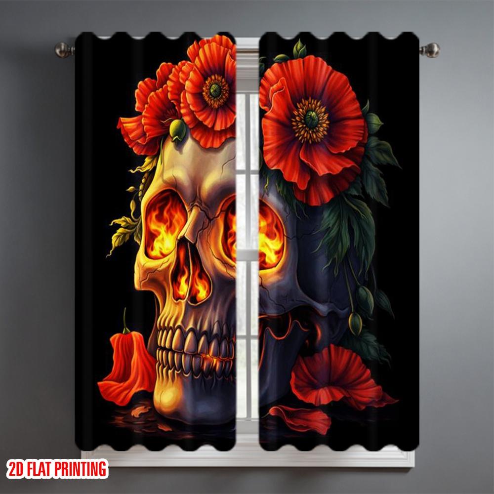 2D flat printing 2pcs Curtain Curtain Day of the Dead Fiery Skull Digital Printed Polyester Drapes Family Party Decoration