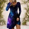 Women Cross V Neck Long Sleeve Dress Purple Pink Galaxy Swirl Print Irregular Hem Dress